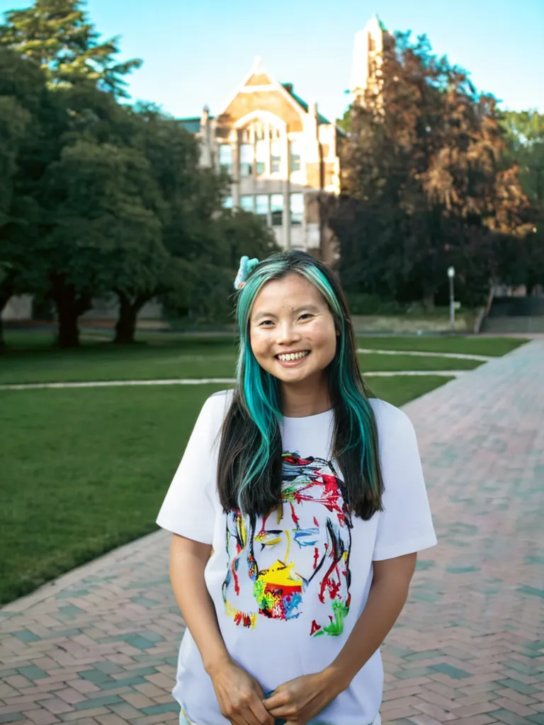 Original girl virtually trying on the white t-shirt with a colorful face print.