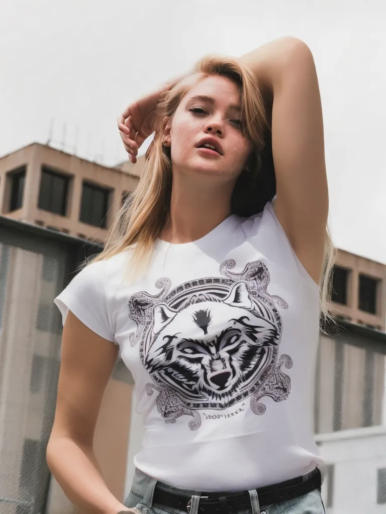 Original girl virtually trying on the white t-shirt with a wolf on it.